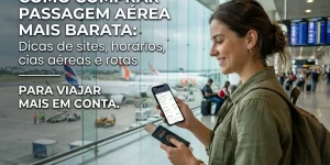 Mulher em aeroporto com smartphone e passaporte sorrindo