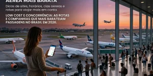 Terminal de aeroporto moderno ao pôr do sol com aviões e passageira brasileira